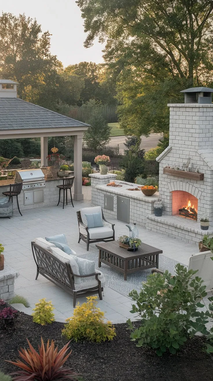 A serene backyard oasis features a cozy fireplace, complete with an outdoor kitchen and inviting patio perfect for relaxation.