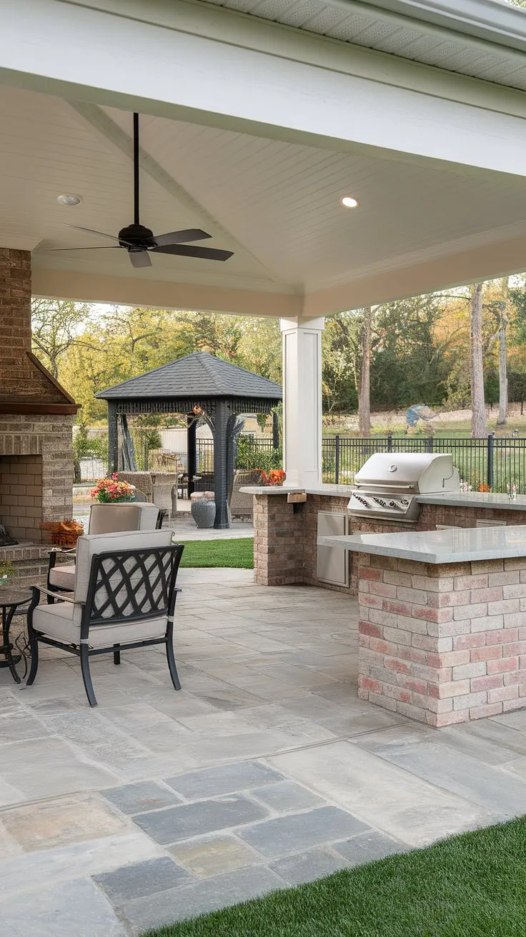 A luxurious outdoor living space features a stone patio, complete with a fireplace, outdoor kitchen, grill, and gazebo, ideal for E.