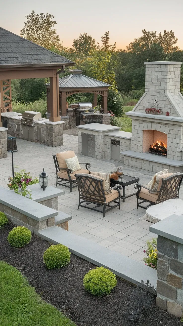 A captivating backyard oasis boasts a stone fireplace, outdoor kitchen, and covered patio, creating a perfect entertainment area