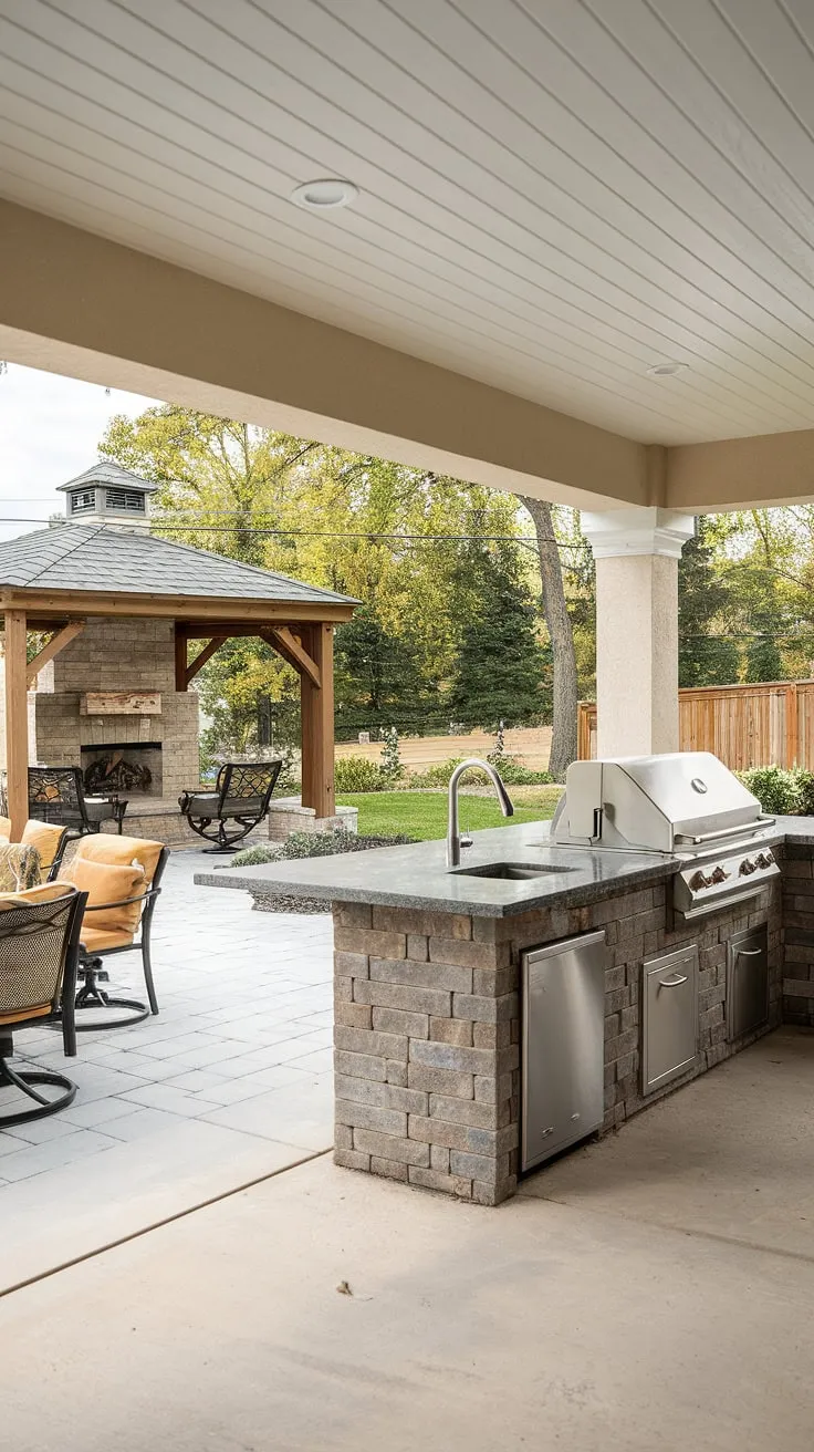 This idyllic backyard oasis features a covered patio with fireplace and grill, an outdoor kitchen, and a gazebo nestled amongst trees.