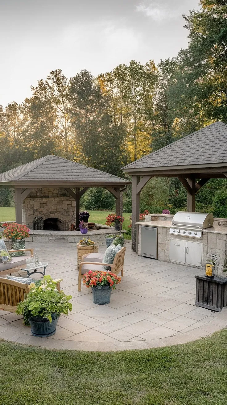 This luxurious outdoor entertainment area boasts a covered patio with fireplace, gazebo, outdoor kitchen, and grill.