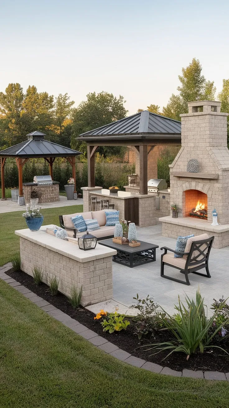 This idyllic backyard oasis boasts a fireplace, outdoor kitchen, and inviting patio perfect for relaxing evenings.