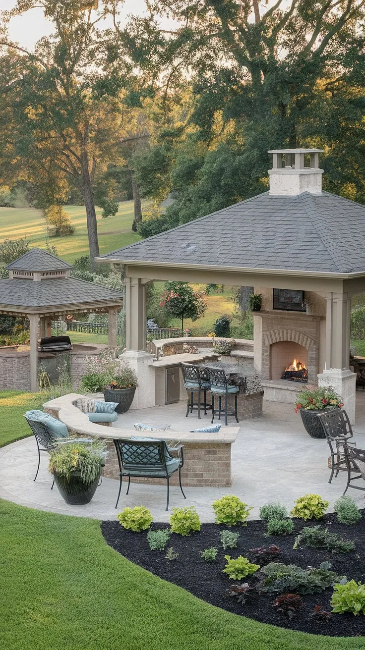 A luxurious outdoor living space features a covered patio, outdoor kitchen, and gazebo nestled within a lush landscape.