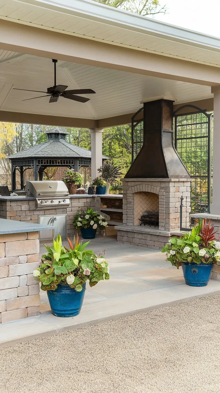 Elegant outdoor living space features a covered patio, outdoor kitchen, fireplace, and gazebo, creating a perfect entertainment area