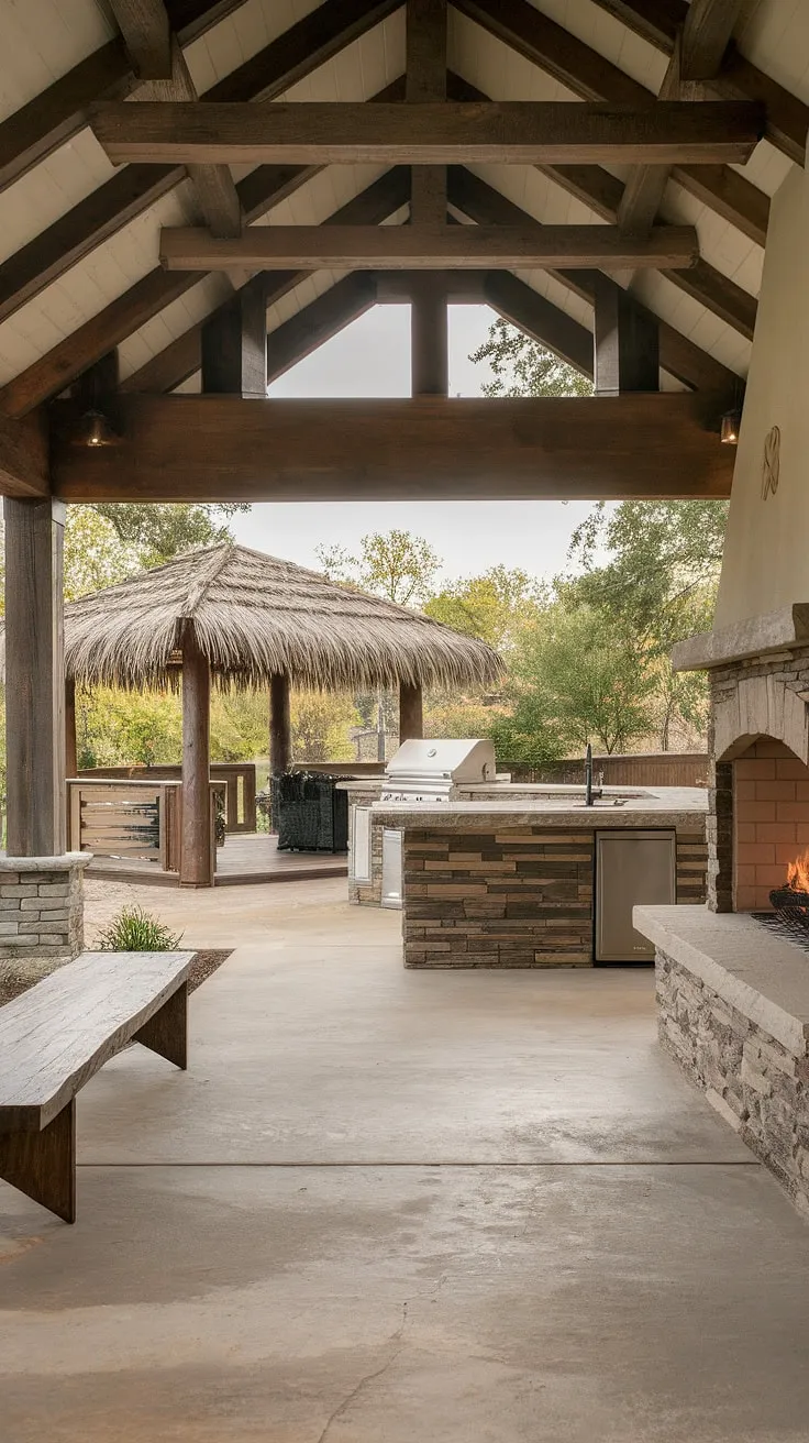 This idyllic backyard boasts a covered patio, gazebo, outdoor kitchen, and fireplace, creating a tranquil escape.