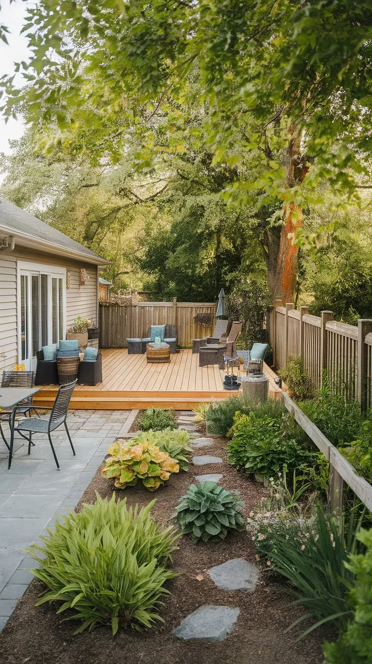 A serene backyard garden, wooden deck, and patio create an inviting oasis behind the house.