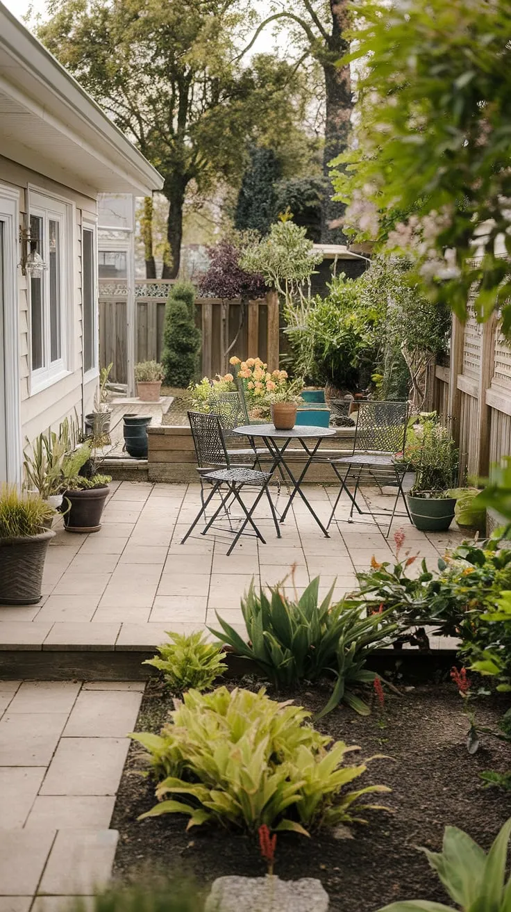 A serene backyard house boasts a meticulously landscaped garden, patio furniture, and potted plants, creating a peaceful aesthetic.