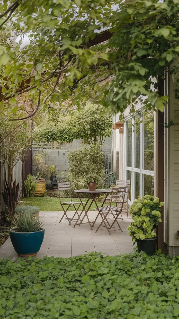 Lush greenery and a charming patio create a serene backyard oasis