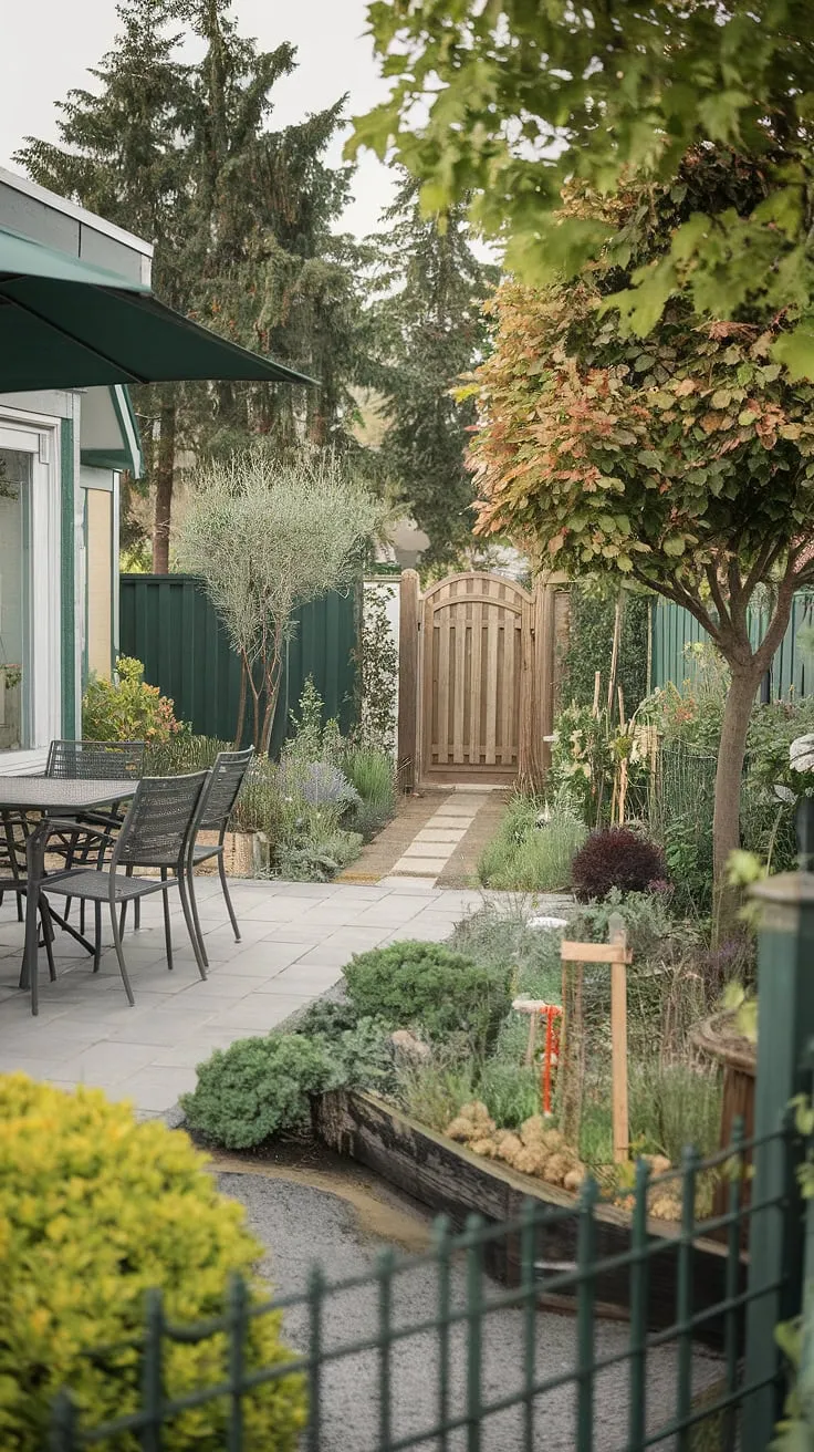 A serene backyard garden, complete with patio furniture and a wooden gate, makes this house a peaceful retreat.
