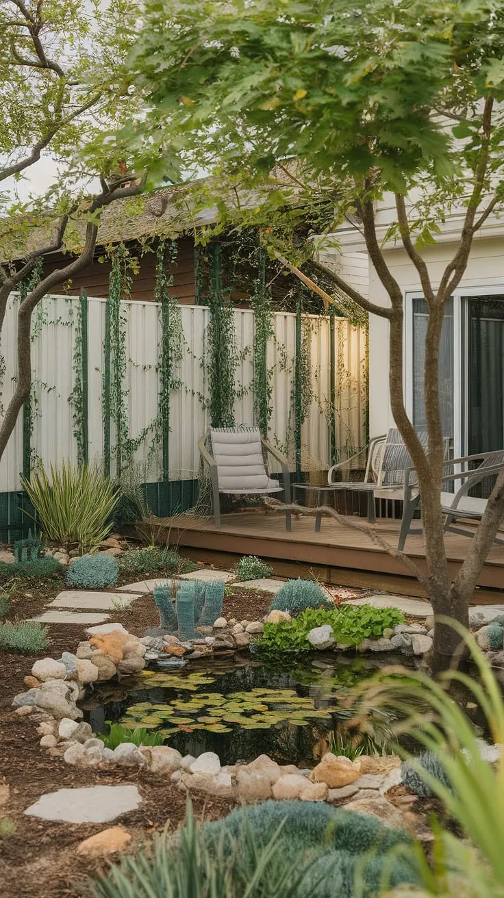 A serene backyard house boasts a flourishing garden, tranquil pond, and inviting deck, creating a peaceful oasis.
