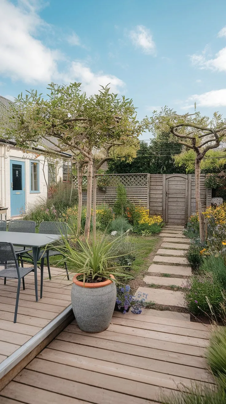 A serene backyard oasis features a flourishing garden, inviting deck, and charming house, creating a peaceful escape.