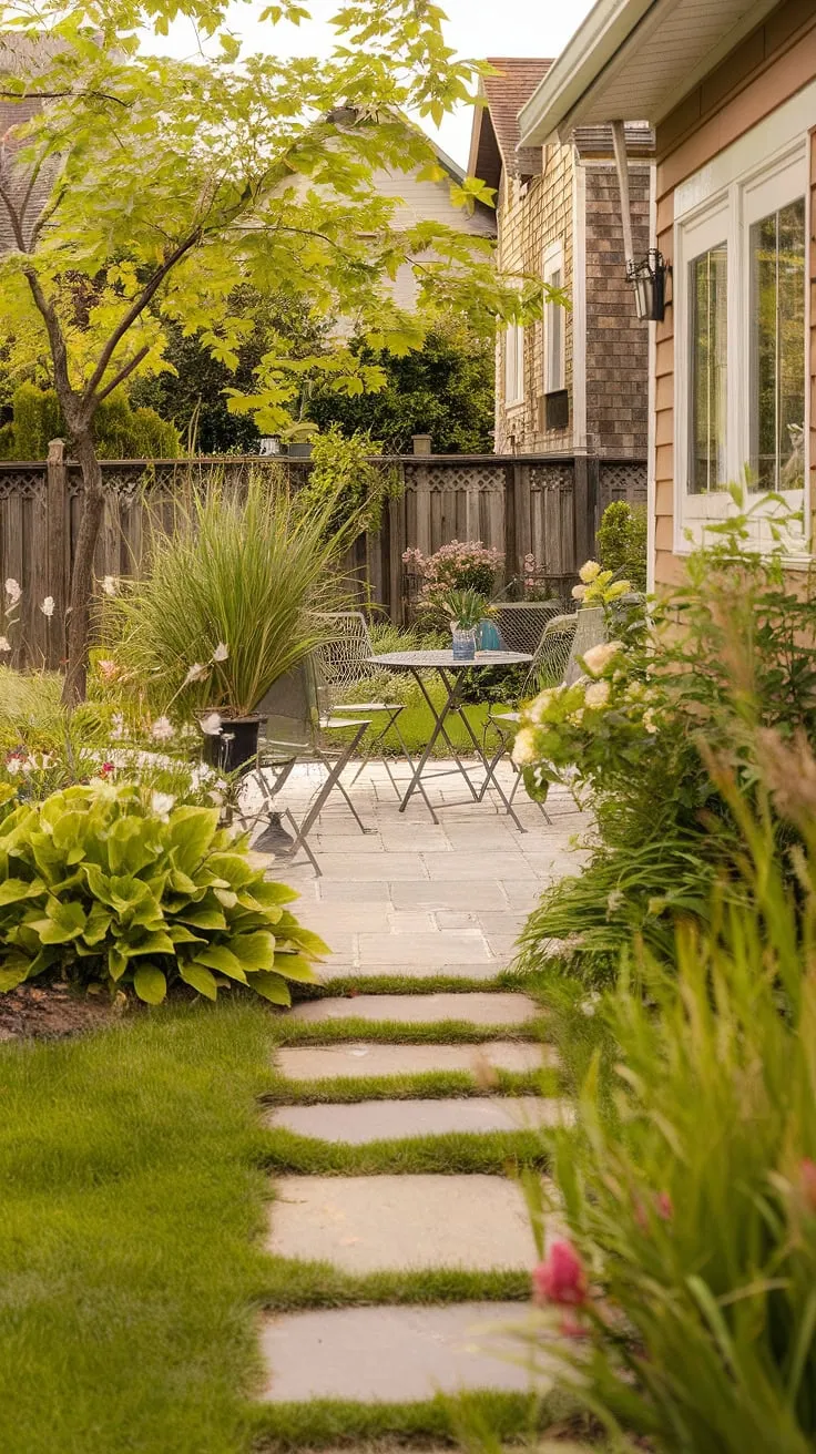 Lush greenery and a stone path enhance the tranquil ambiance of a charming home's outdoor space.