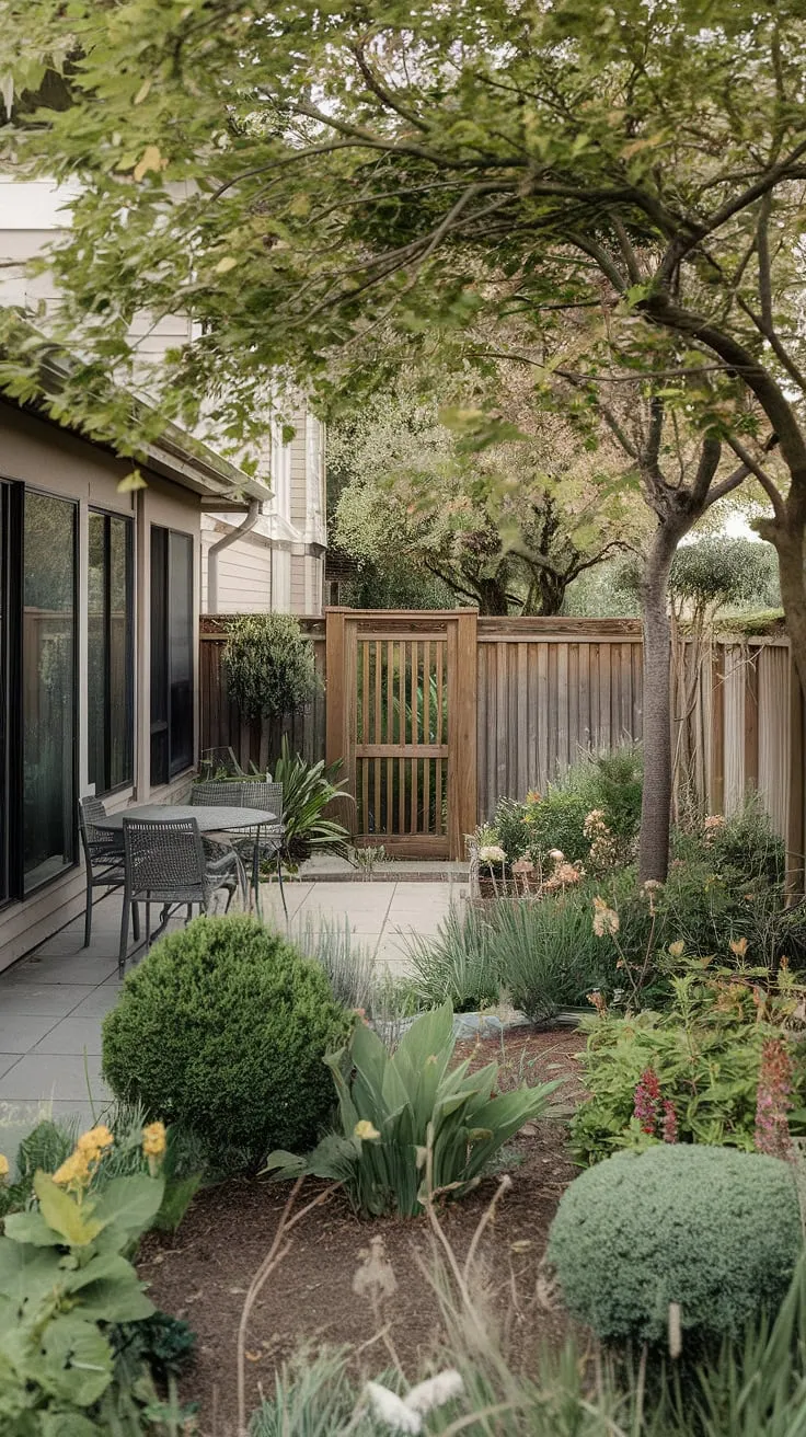 A serene backyard house boasts a lush garden, patio seating, and wooden fencing, creating a peaceful natural escape.
