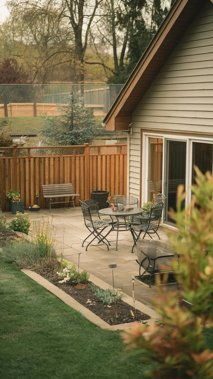 Warm sunlight bathes a charming home's inviting patio and flourishing garden