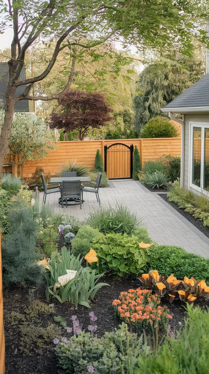 This well-maintained backyard showcases a tranquil patio and vibrant garden, perfect for outdoor enjoyment
