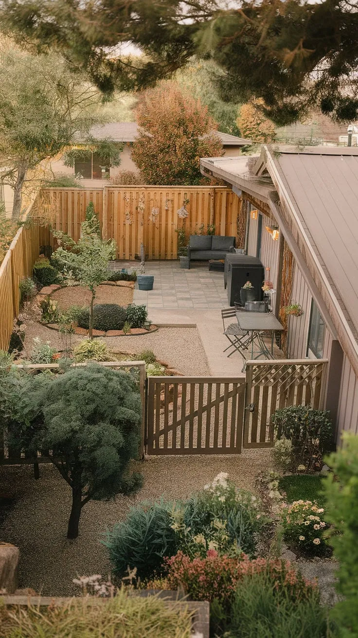 A peaceful backyard scene features a vibrant garden, stone path, and comfortable patio furniture.