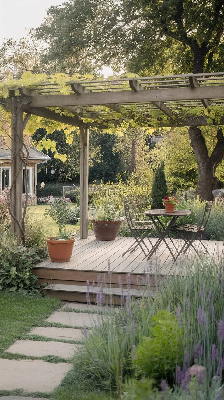 A picturesque garden path winds to a delightful deck and pergola, creating a peaceful outdoor retreat near a home.