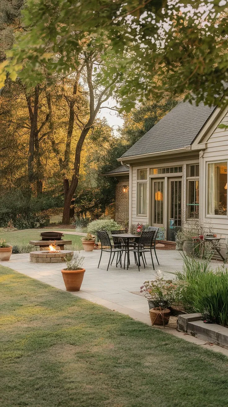 Evening gatherings around a fire pit enhance the inviting backyard oasis.