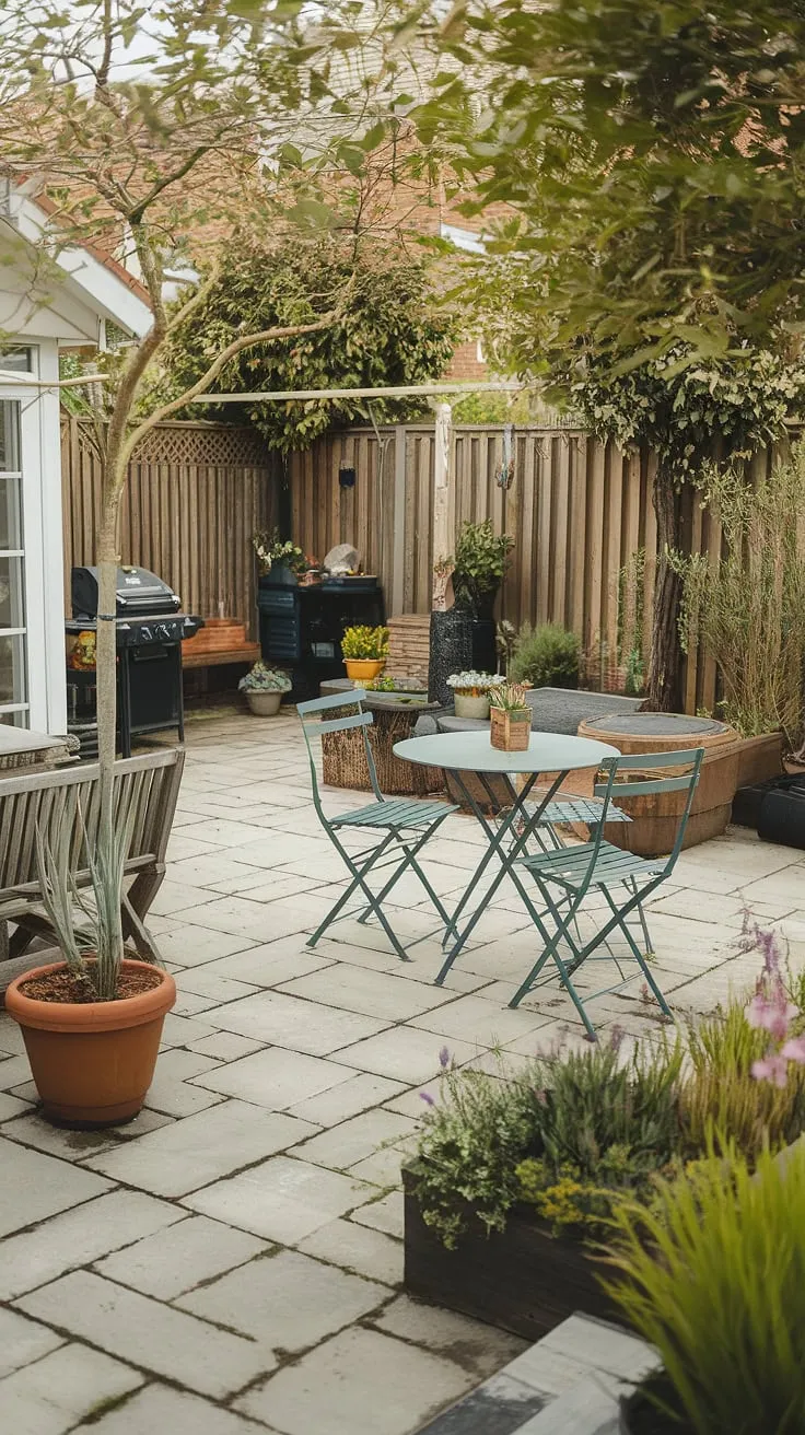 This inviting backyard features a paved patio, lush garden, and comfortable seating, creating a cozy outdoor haven.