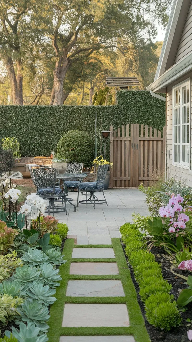 A white picket fence encloses a lush backyard featuring a charming patio and diverse plantings, creating a serene escape.