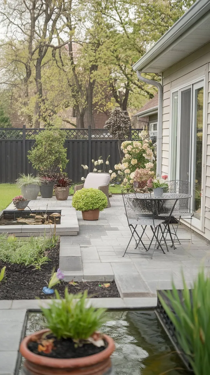 Elegant backyard design features a tranquil patio oasis with lush greenery and a calming water feature
