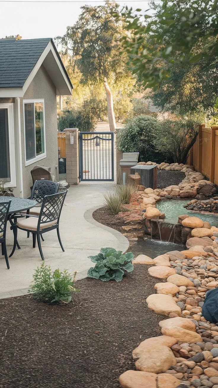 A charming backyard house boasts a patio, garden waterfall, and tranquil path leading to a gated escape.