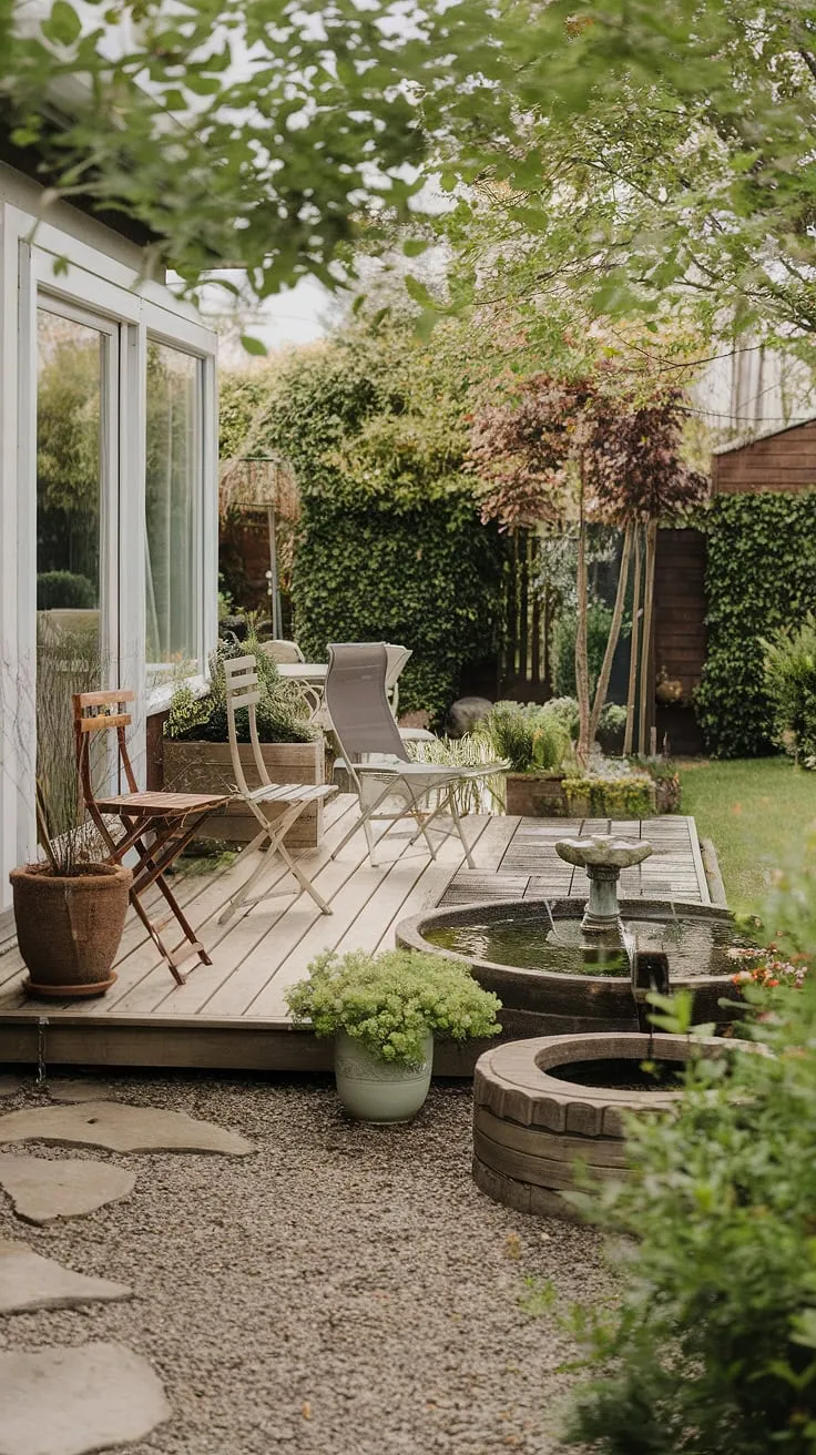A tranquil backyard oasis features a charming deck, flourishing garden, and soothing water feature