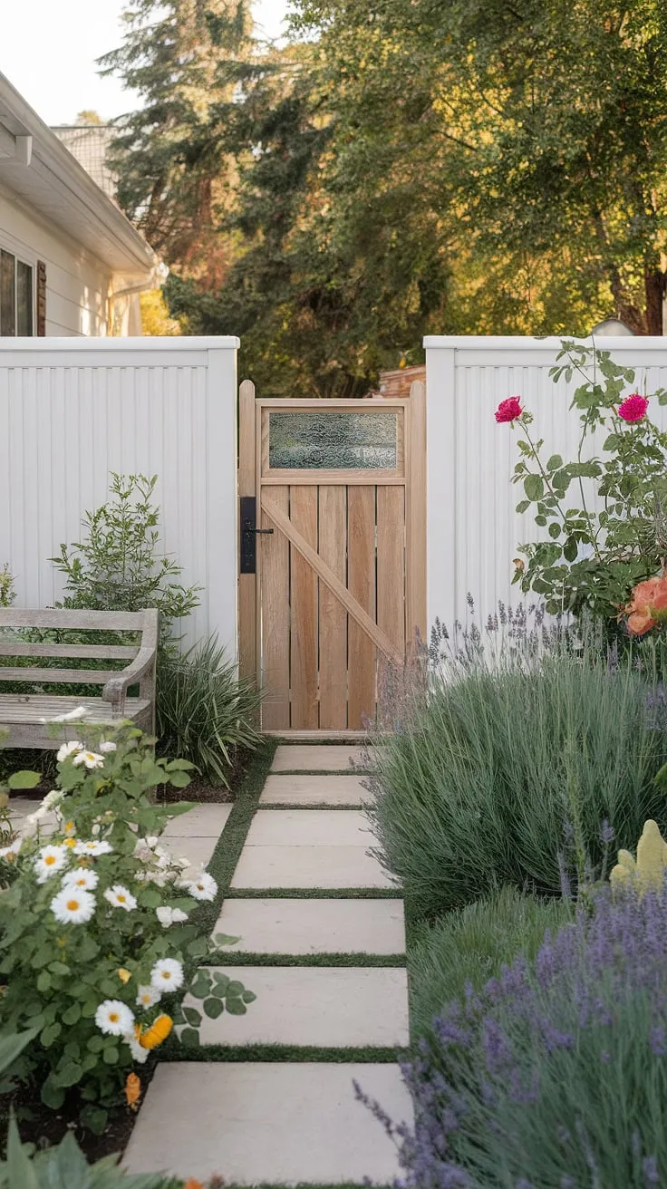 A charming backyard garden, enclosed by a white fence and wooden gate, offers a peaceful retreat.