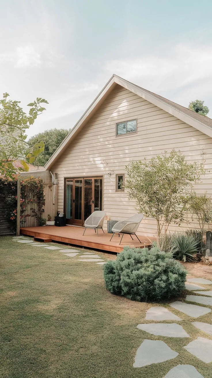 The serene backyard garden complements the simple elegance of the beige house.