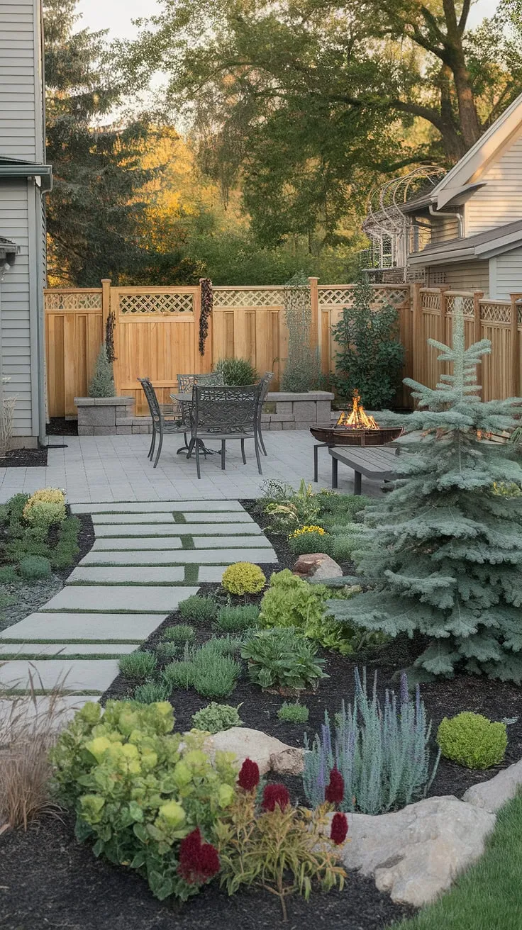 A tranquil backyard oasis features a patio, fire pit, and lush garden enclosed by a wooden fence