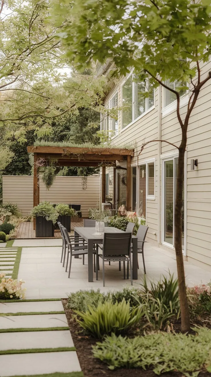 Modern architecture complements a serene outdoor living space complete with patio furniture and abundant greenery.