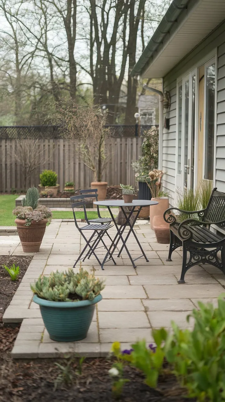 A serene backyard house boasts a charming patio, lush garden, and peaceful atmosphere.