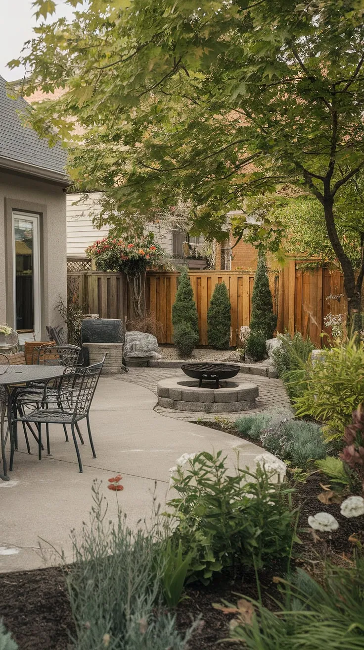 A cozy backyard oasis features a patio, fire pit, and flourishing garden enclosed by a wooden fence.