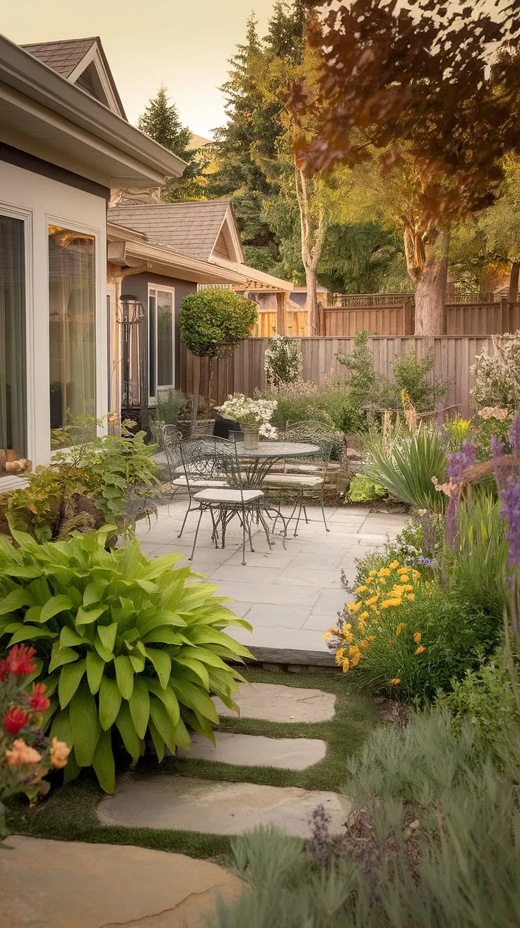 A sun-drenched backyard patio beckons with blooming flowers and inviting greenery