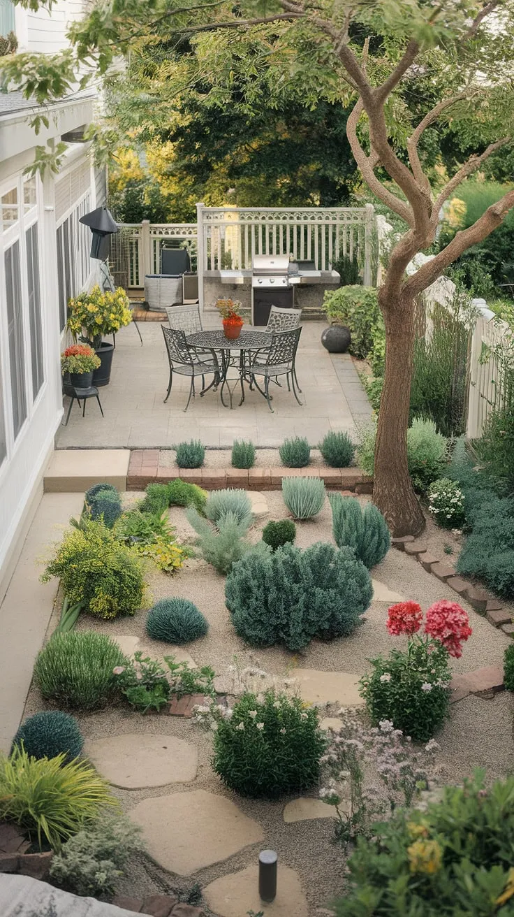 A charming white picket fence encloses a serene backyard oasis perfect for outdoor entertaining