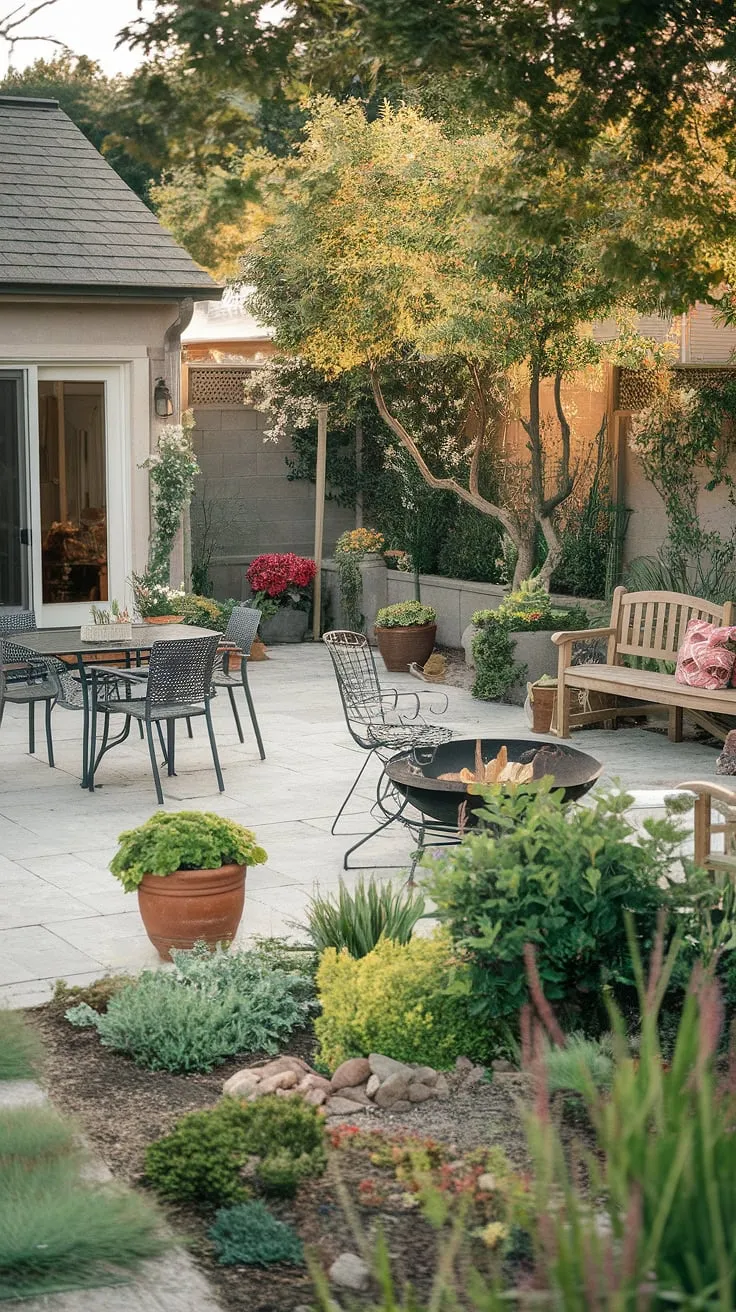 A tranquil backyard oasis features a patio, fire pit, and lush garden, creating a warm and inviting atmosphere