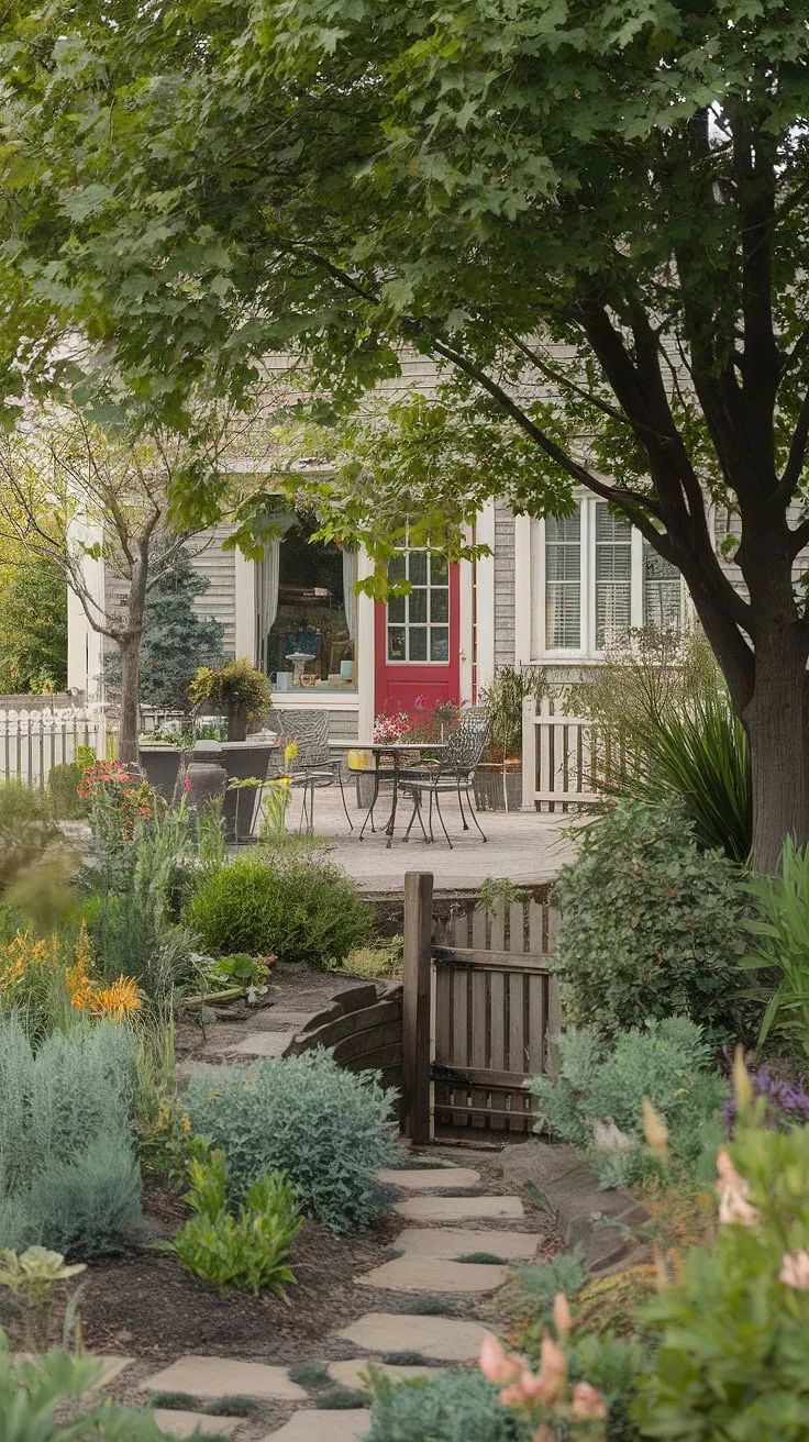 The idyllic backyard garden and patio create a peaceful and aesthetically pleasing home environment.