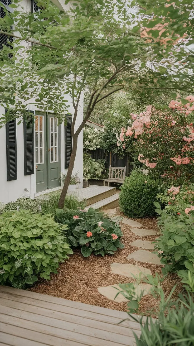 A charming white house with a green door is nestled in a serene backyard garden, its wooden deck and stone path leading to peaceful relaxation.
