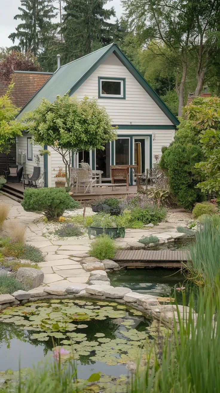 A charming white house with a green roof overlooks a tranquil backyard oasis featuring a pond, stone path, and lush greenery.