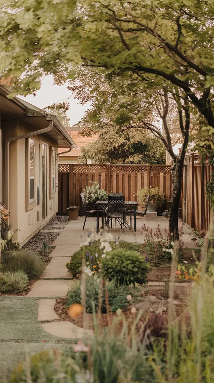A tranquil backyard scene evokes feelings of warmth and comfort, featuring a flourishing garden and inviting patio.