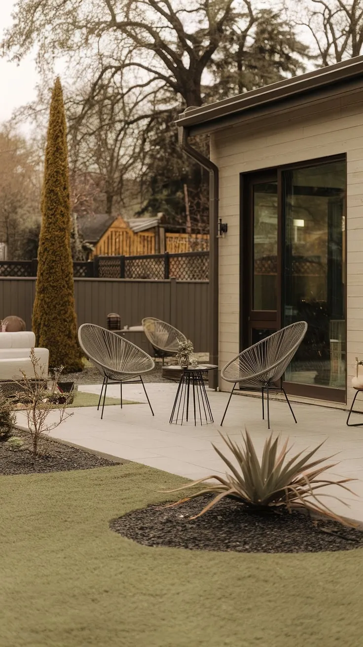 A tranquil backyard scene evokes feelings of peace and serenity near a modern home