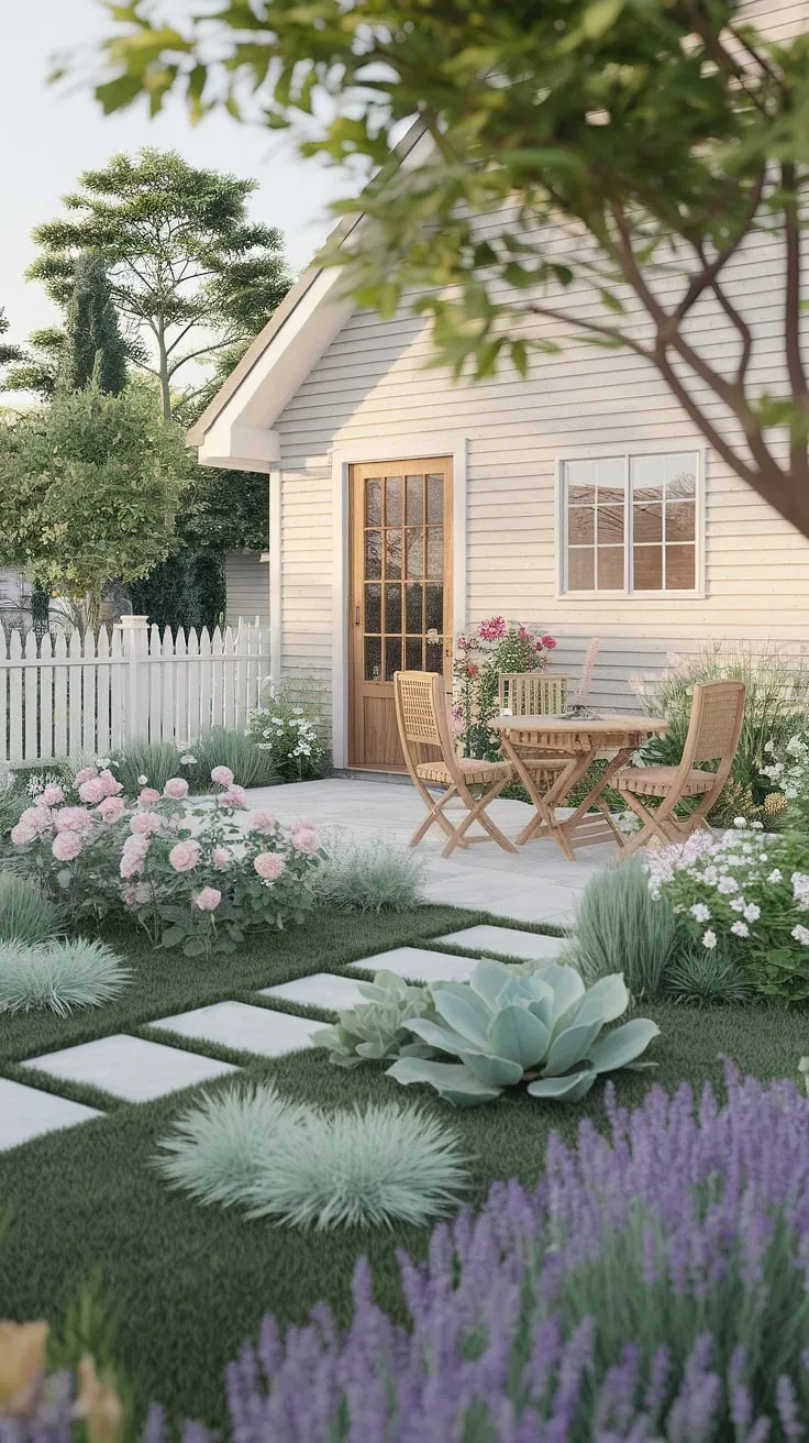 Warm hues and lush plantings define this idyllic backyard retreat, complete with a stone path and wooden patio furniture.