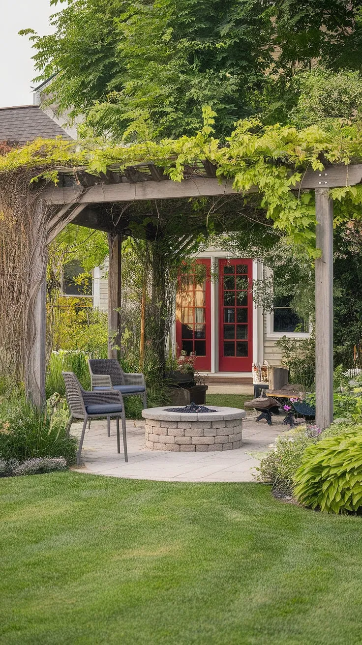 Peaceful backyard scenery with pergola, fire pit, and green lawn beckons relaxation next to a home with a red door.