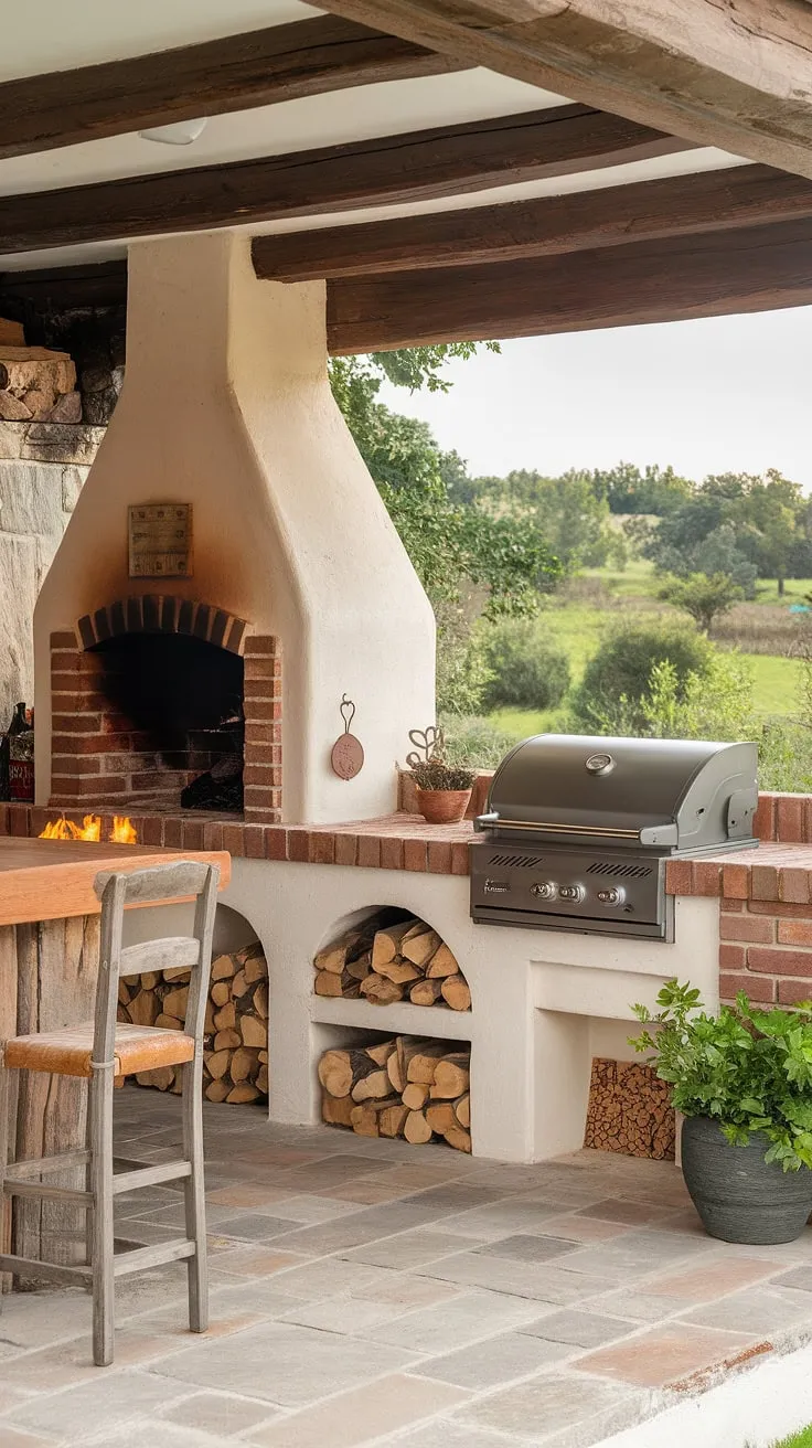 Rustic charm meets outdoor cooking in this backyard kitchen, complete with brick oven, fireplace, and lush green surroundings.