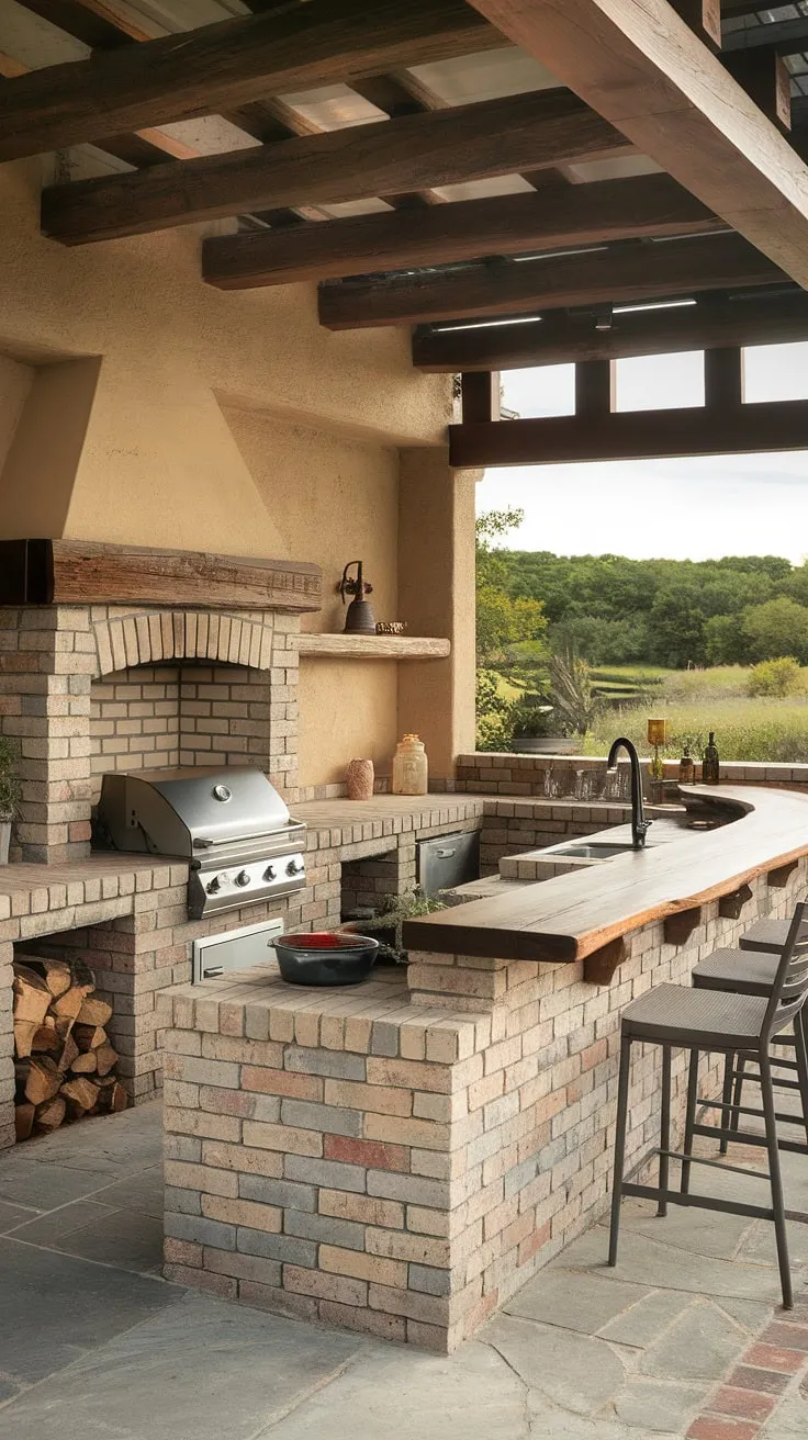 This backyard kitchen's brick fireplace, wooden countertop, and built-in grill create a perfect outdoor cooking and entertaining space overlooking a vibrant landscape.