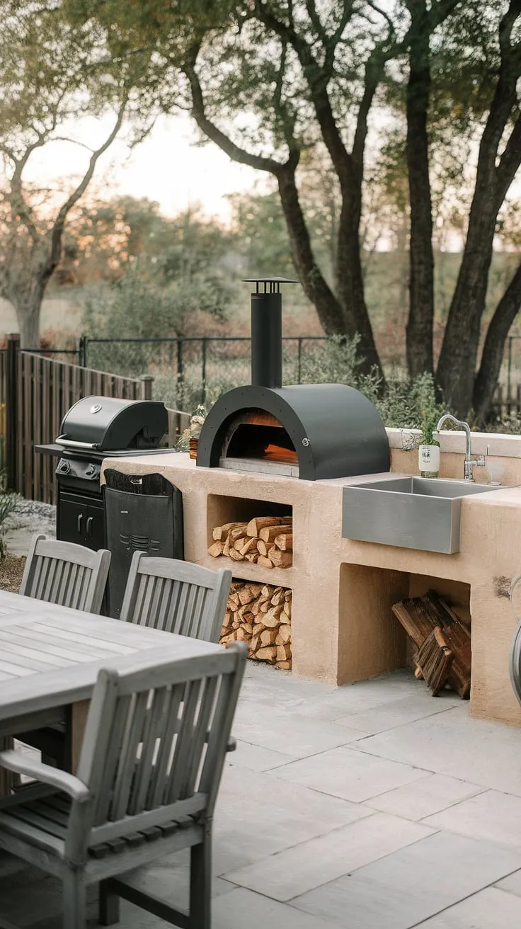 Rustic charm meets culinary delight in this serene backyard kitchen, complete with pizza oven and grill.