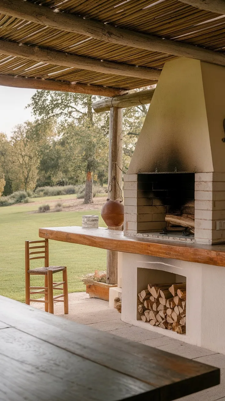 An idyllic outdoor kitchen, complete with fireplace and hanging pot, offers a serene escape into nature