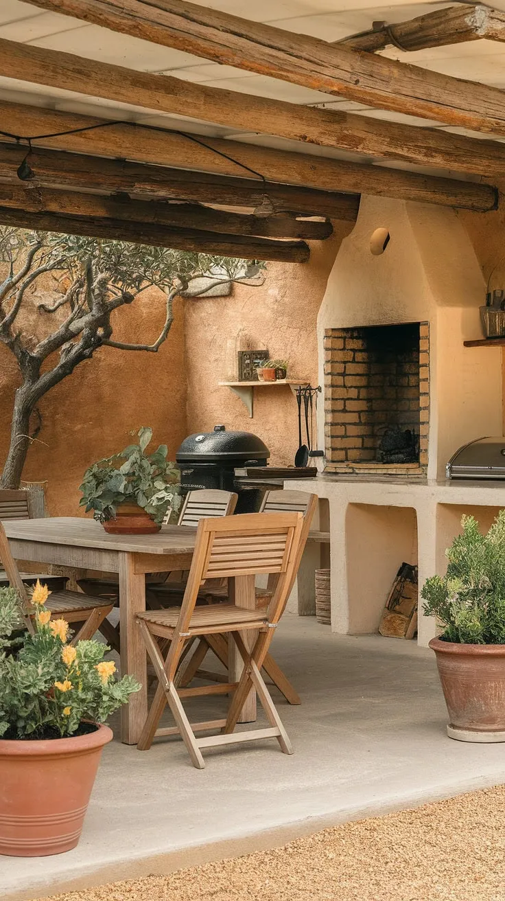 Enjoy al fresco meals in a lovely backyard setting featuring a stone structure, grill, and comfortable seating.