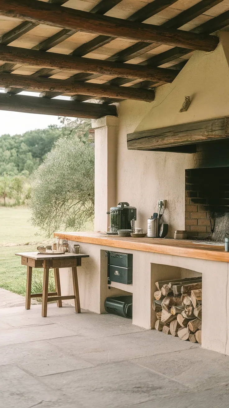 A backyard fireplace anchors a charming outdoor kitchen, complete with wooden counters and appliances, overlooking a vibrant green landscape.