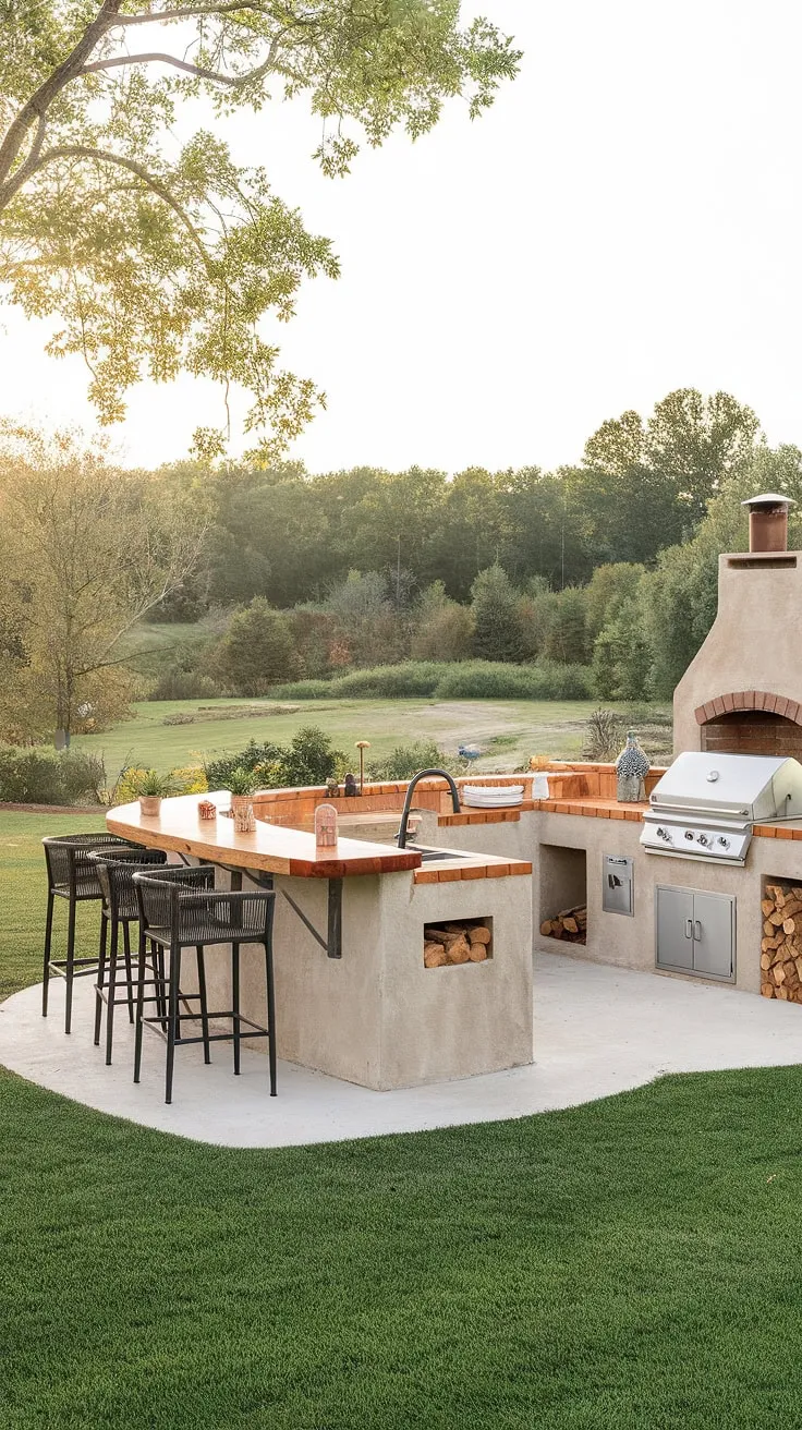 A backyard oasis features a charming outdoor kitchen and inviting bar area, perfect for al fresco entertaining.